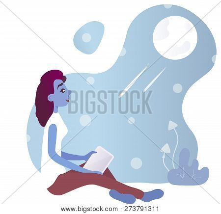 Vector Illustration Of Beautiful Girl Alien Sitting And Watching The Moon. Blue Background And Mushr