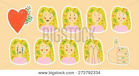 Vector Collection Of Stickers In Hand Drawn Style. Set Of Emotio