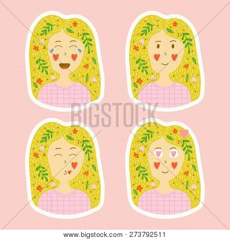 Vector Collection Of Stickers In Hand Drawn Style. Set Of Emotio