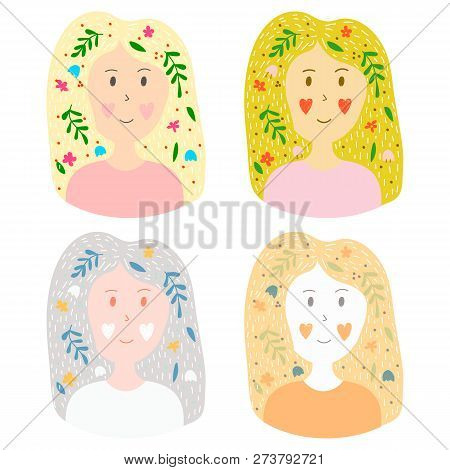 Vector Collection Of Stickers In Hand Drawn Style. Set Of A Youn