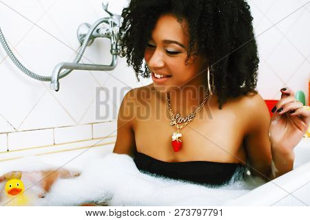 Young Pretty African American Girl Taking Bath With Foam, Lifest