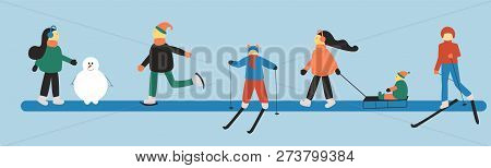 People Involved In Winter Sports: Skiing Child And Woman; Woman With A Child In A Sleigh; Skating Ma