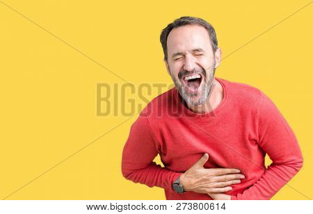 Handsome middle age hoary senior man wearing winter sweater over isolated background Smiling and laughing hard out loud because funny crazy joke. Happy expression.
