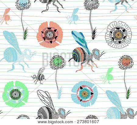 Seamless Pattern With Cute Hand Drawn Bee And Poppies. Pastel With Black And White Elements. Abstrac