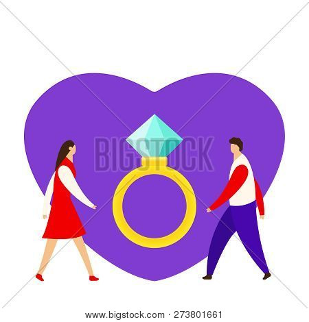 An Offer Of Marriage. Man Proposes A Woman To Marry Him And Gives An Engagement Ring. Vector Illustr