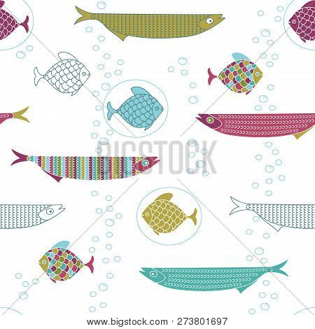 Seamless Kids Pattern With Cute Hand Drawn Fishes And Air Bubbles. Backdrop For Fabric, Textile, App