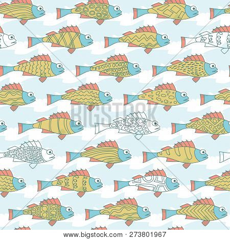 Seamless Kids Pattern With Cute Hand Drawn Fishes, Shadows And African Ornament. Pastel Backdrop For