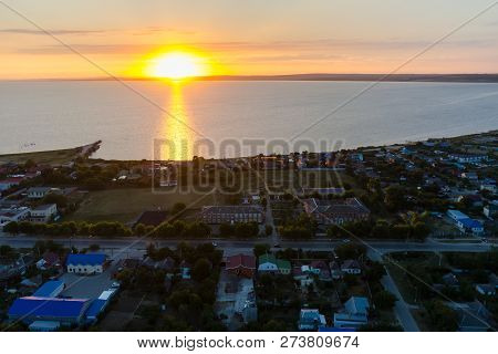 Sennoy, Russia - July 16, 2017: Beautiful Colorful Dramatic Sunset Sky Over The Silhouette Of Small 