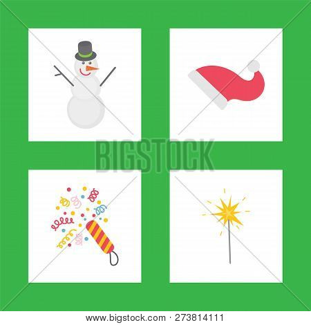 Holiday Decorations For Celebration New Year, Snowman With Santa Hat And Confetti With Bright Sparkl