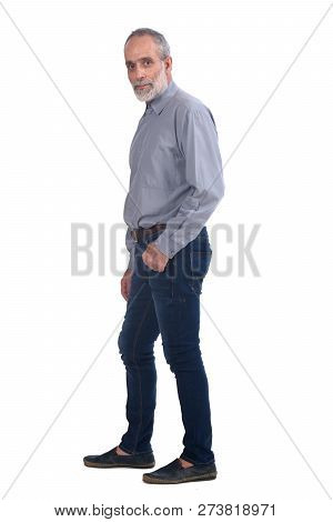 Middle-aged Man With Blue Jeans And Shirt On White Background
