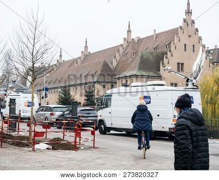 Strasbourg, France - Dec 11, 2018: Viastoria Live Transmission News Van Transmission Live From Cente