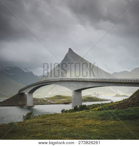 Famous Architecture Of Bridge In Fredvang, Lofoten Islands, Norway.