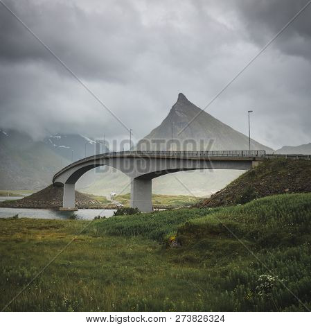 Famous Architecture Of Bridge In Fredvang, Lofoten Islands, Norway.