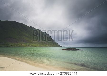 Sandbotnen Bay Near Fredvang, Lofoten Island, Norway. Norwegian Summer Holidays.