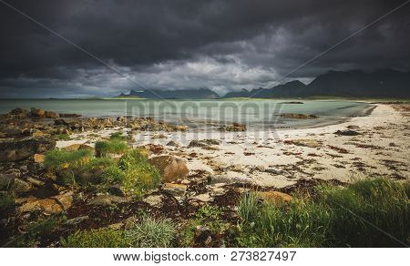Sandbotnen Bay Near Fredvang, Lofoten Island, Norway.