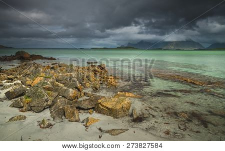 Sandbotnen Bay Near Fredvang, Lofoten Island, Norway.