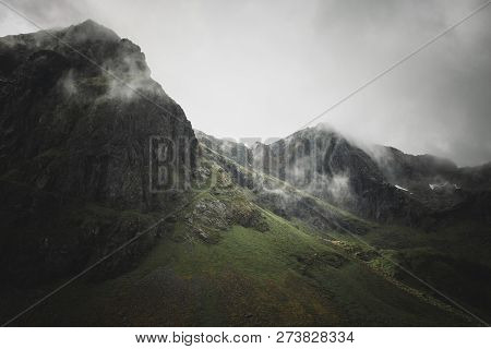 View On The Mountains Around Flakstad Village, Noregian Lofoten Islands.