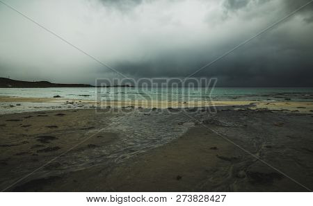 Beautiful Beach Skagsanden In Flakstad, Lofoten Islands In Norway In Summer Time.