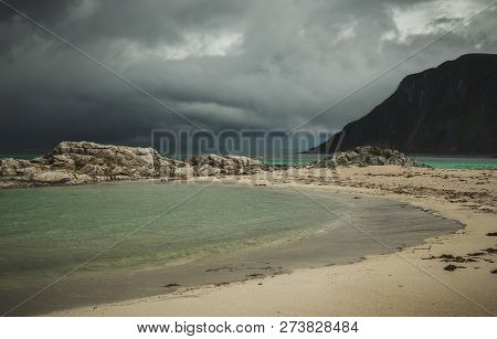 Beautiful Beach Skagsanden In Flakstad, Lofoten Islands In Norway In Summer Time.