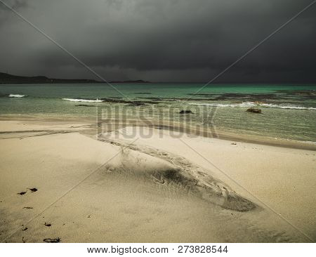 Beautiful Beach Skagsanden In Flakstad, Lofoten Islands In Norway In Summer Time.