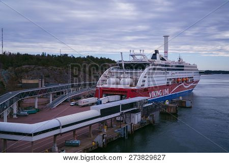 Turku, Finland - April 30, 2018: Viking Line Ferry Ship Loading, April 30, 2018.