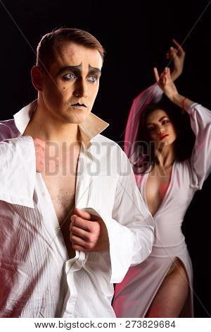 Being Wildly Romantic. Sexy Mime Man And Woman Act In Romantic Scene. Sexi Couple Of Mime Artists Pe