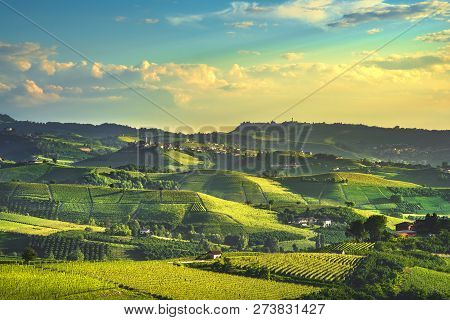 Langhe Vineyards Sunset Panorama, Castiglione Falletto And La Morra, Unesco Site, Piedmont, Northern