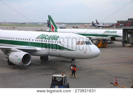 Moscow, Russia - May 12, 2012: Alitalia Airbus A319 At Moscow Sheremetyevo Airport, Russia. Sheremet