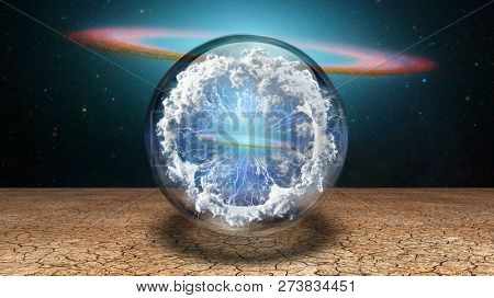 Surrealism. Splash of clouds and lightnings inside crystal ball. Life capsule. Galaxy disk on a background. 3D rendering
