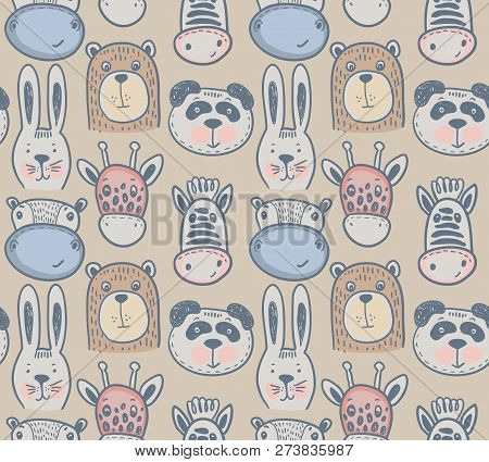 Seamless Pattern With Cute Animal Heads, Endless Background