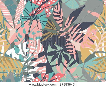 Vector Seamless Pattern With Tropical Plants And Hand Drawn Abstract Textures