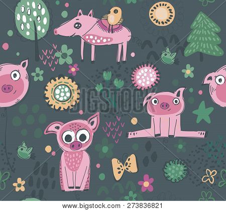 Vector Seamless Pattern With Cute Piglets, Flowers, Trees.