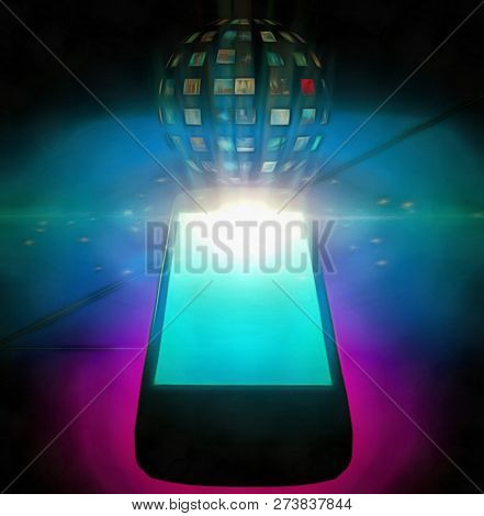 Surreal digital art. Multimedia holographic sphere comes from tablet. 3D rendering