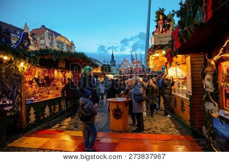 Dresden, Germany - 9.12.2018: People Visit Christmas Market Striezelmarkt In Dresden, Germany. Chris