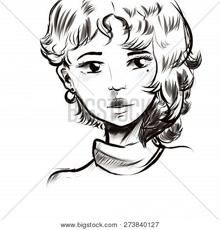 Beautiful Girl Portrait Face. Short Hair, Unusual Appearance.  Earring In One Ear.  Black And White 