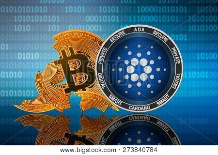 Cardano Coin Stands In Front Of Cracked Coin Bitcoin On Binary Code Background; Cardano Leader; Bitc