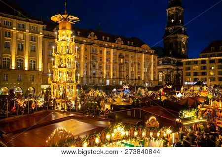 Dresden, Germany - 9.12.2018: People Visit Christmas Market Striezelmarkt In Dresden, Germany. Chris
