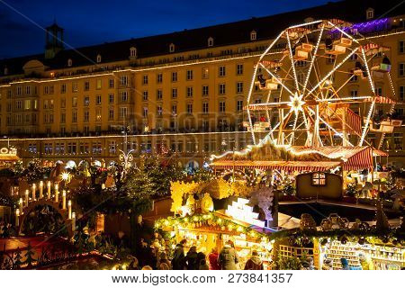 Dresden, Germany - 9.12.2018: People Visit Christmas Market Striezelmarkt In Dresden, Germany. Chris