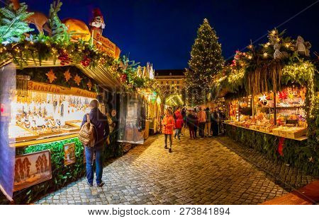 Dresden, Germany - 9.12.2018: People Visit Christmas Market Striezelmarkt In Dresden, Germany. Chris
