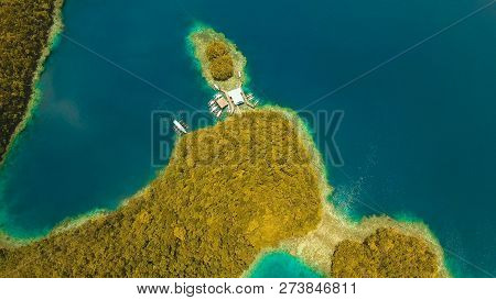 Aerial View: Bucas Grande Island, Sohoton Cove. Philippines. Tropical Sea Bay And Lagoon, Beach. Tro