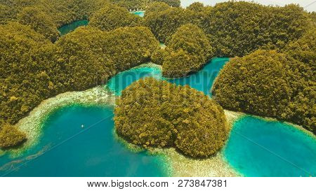 Aerial View: Bucas Grande Island, Sohoton Cove. Philippines. Tropical Sea Bay And Lagoon, Beach. Tro