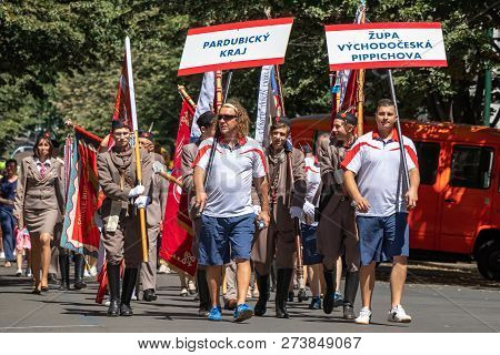 Prague, Czech Republic - July 1, 2018: Men Parading At Sokolsky Slet, A Once-every-six-years Gatheri