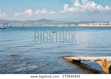 Juan-les-pins, France, September 19, 2018: Kayaker Resting In The Golfe Juan With In The Background 