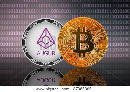 Bitcoin (btc) And Augur (rep) Coins On The Binary Code Background; Bitcoin Vs Augur