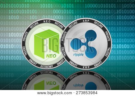 Ripple (xrp) And Neo Coins On The Binary Code Background; Ripple Vs Neo