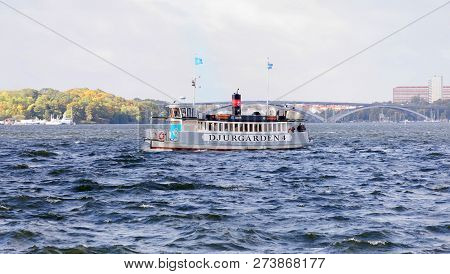 Stockholm - Sept 22, 2018: Ferry Called Djurgarden 4 Transporting People In Stockholm On The Lake Ma