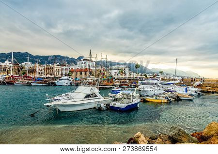 Kyrenia Or Girne  Historical City Center, View To Marina With Many Yachts And Boats With Mountains I