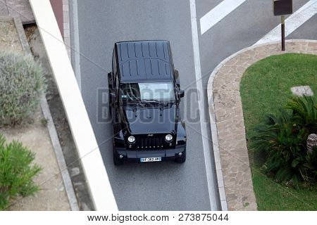 Monte-carlo, Monaco - October 5 2018 : Aerial View Of A Beautiful Black Jeep Wrangler 4x4 (top View)