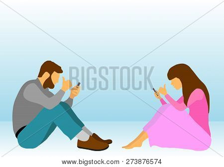 Internet Social Network Addiction Problem Illustration, Vector Eps 10. Two Young People Using Mobile