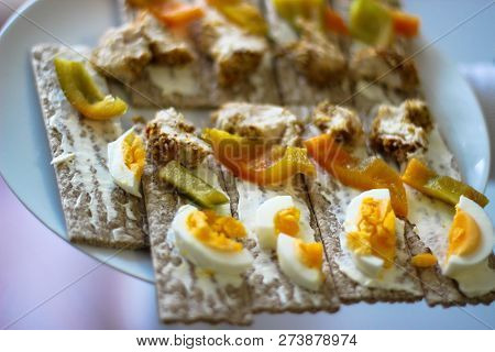 Healthy Food Concept. Sweet Peppers,  Egg, Toast, Baked Chicken. Copy Space For Text, Logo Or Brand.